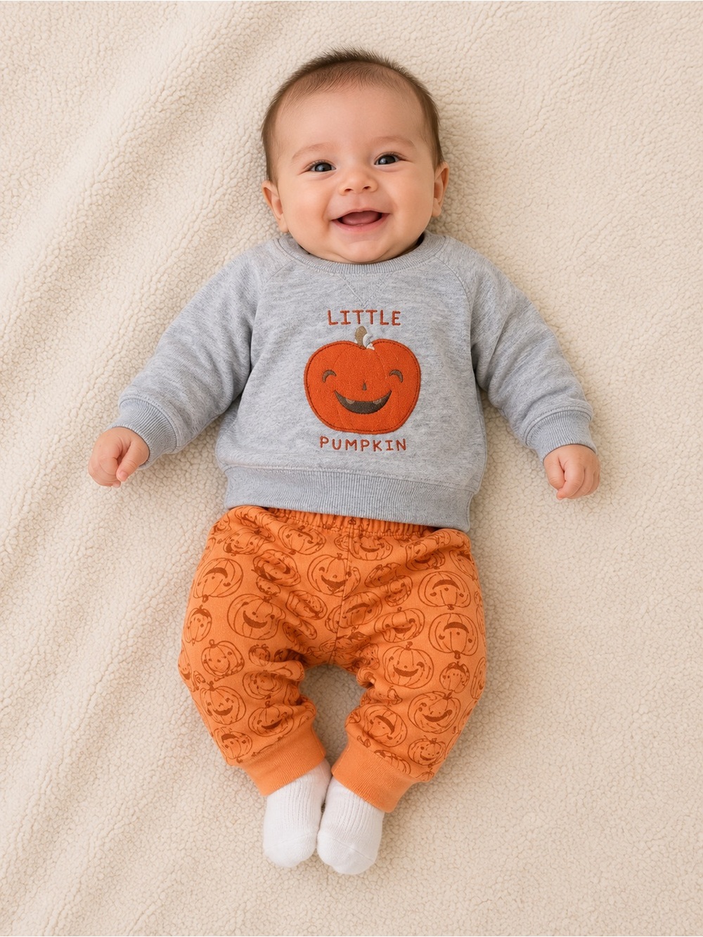 0-3 MTH chick pea Gray Sweatshirt and Orange Pumpkin Pants Kids Matching Set